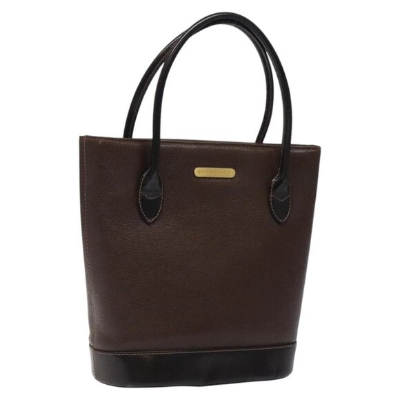 BURBERRY Hand Bag Leather Dark Brown Gold Auth - Picture 1 of 15